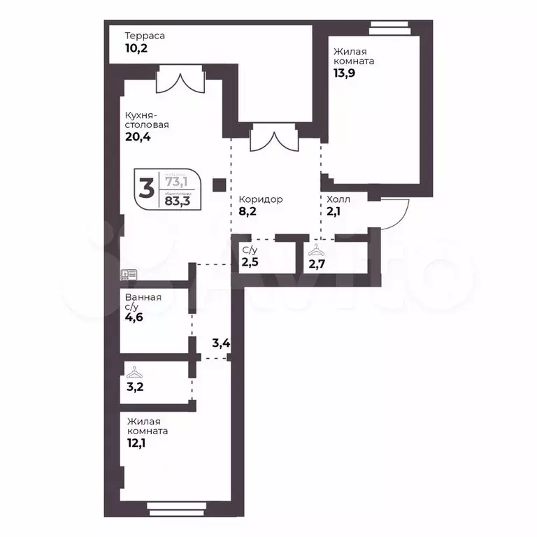 2-к. квартира, 73,1 м, 8/9 эт. - Фото 0