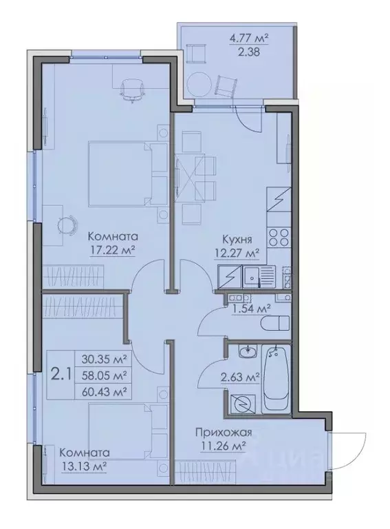 2-к кв. Ленинградская область, Выборг Центральный мкр, Папула кв-л, ... - Фото 0