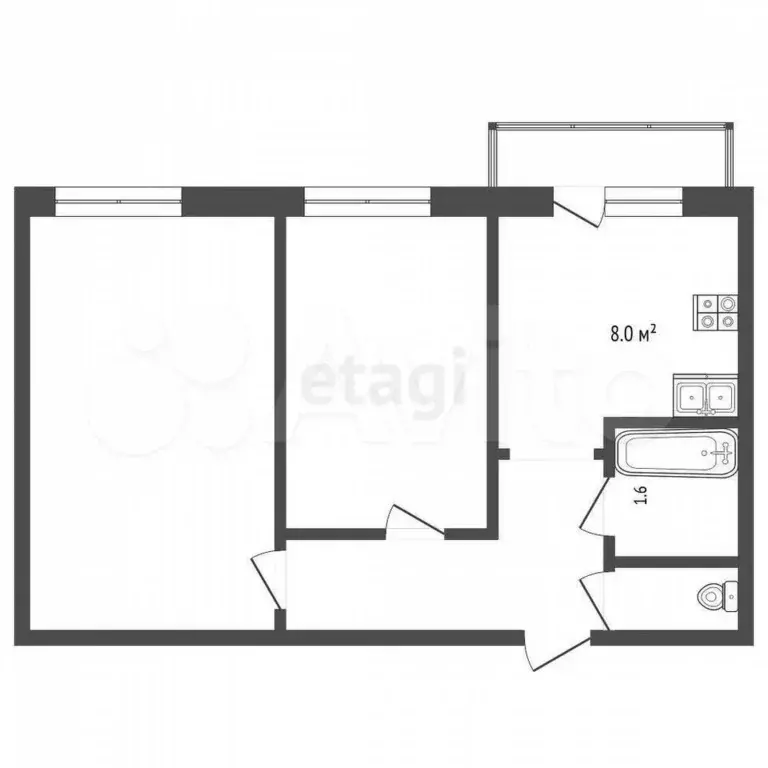 2-к. квартира, 45,6 м, 3/5 эт. - Фото 0