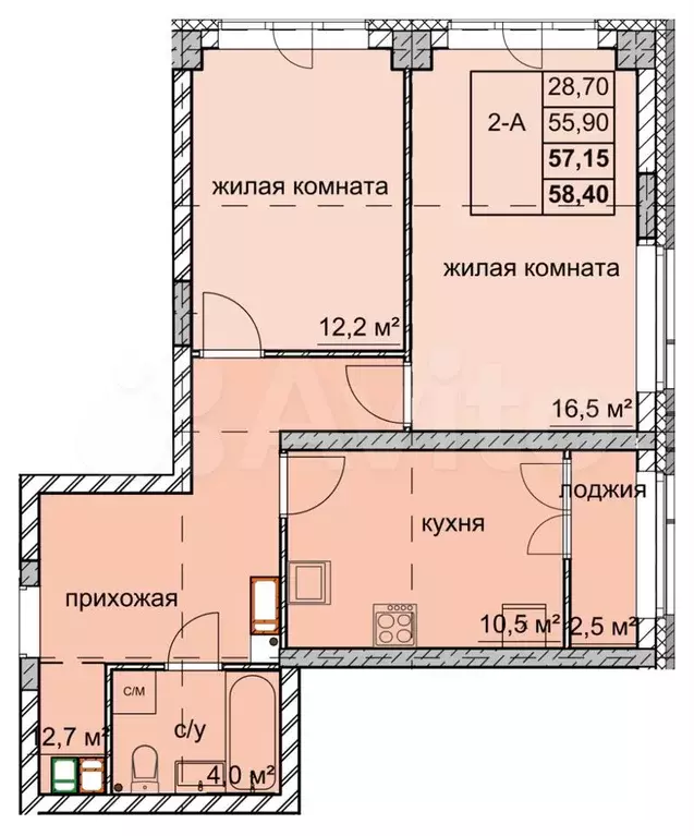 2-к. квартира, 57,2 м, 2/15 эт. - Фото 0