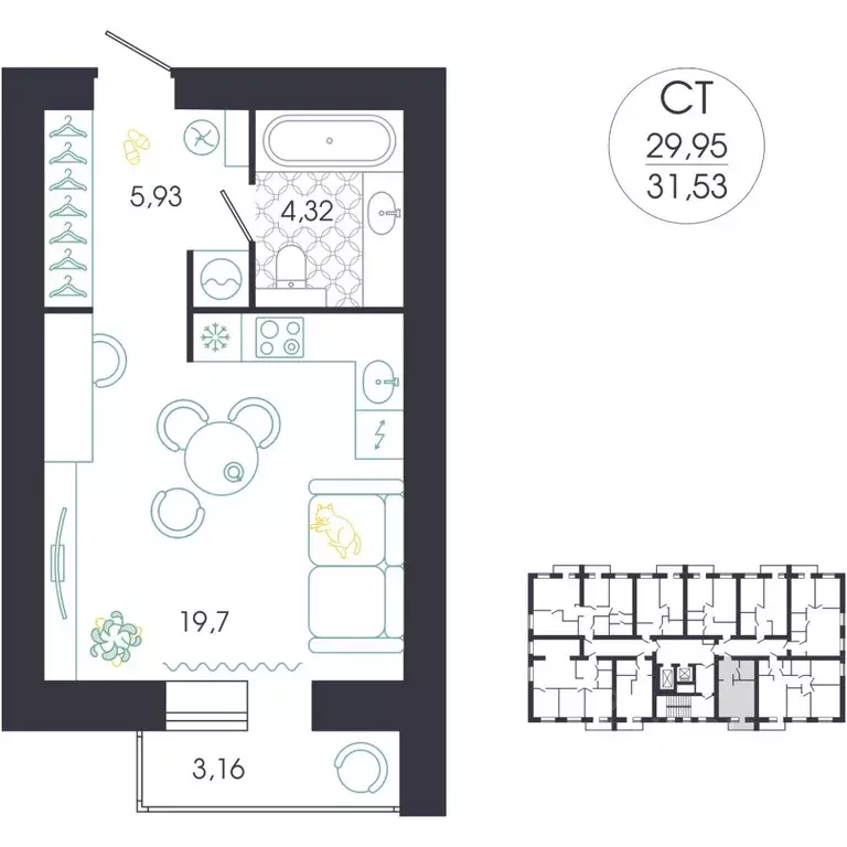 Студия Пензенская область, Пенза Колышлейская ул., 7 (32.1 м) - Фото 2