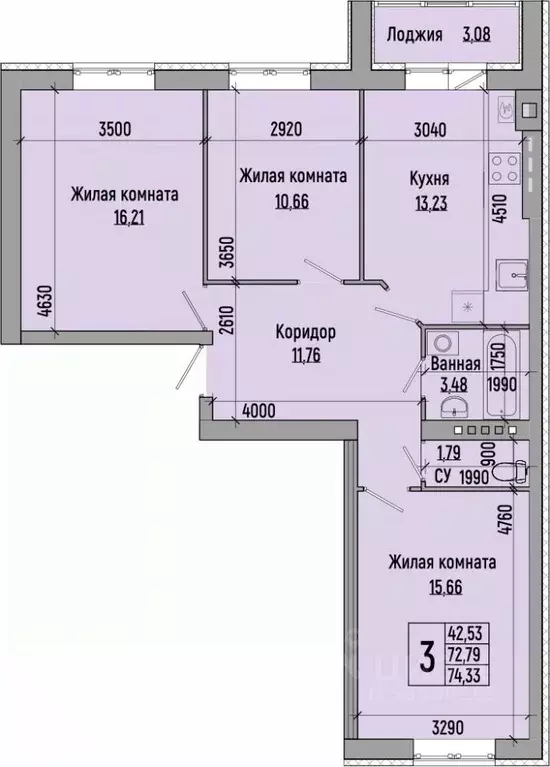 3-к кв. Волгоградская область, Волгоград ул. Химина, 20Б (74.33 м) - Фото 1