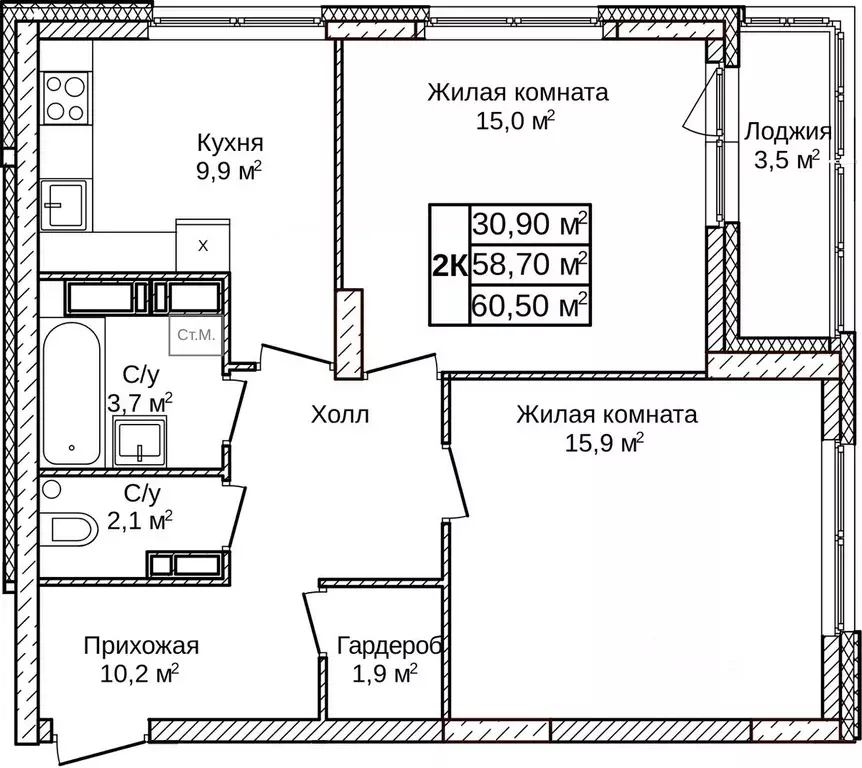 2-к кв. Нижегородская область, Нижний Новгород д. Ольгино,  (60.5 м) - Фото 1