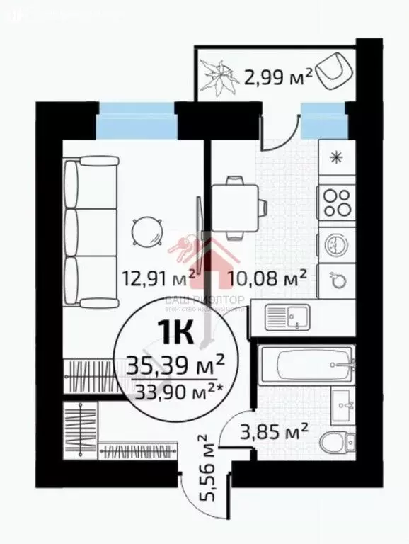 1-комнатная квартира: Самара, посёлок Мехзавод, 1-й квартал, 79 (35.4 ... - Фото 1