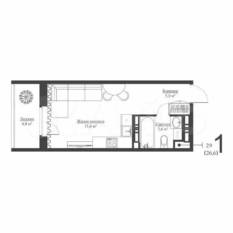 Квартира-студия, 26,8 м, 6/18 эт. - Фото 0