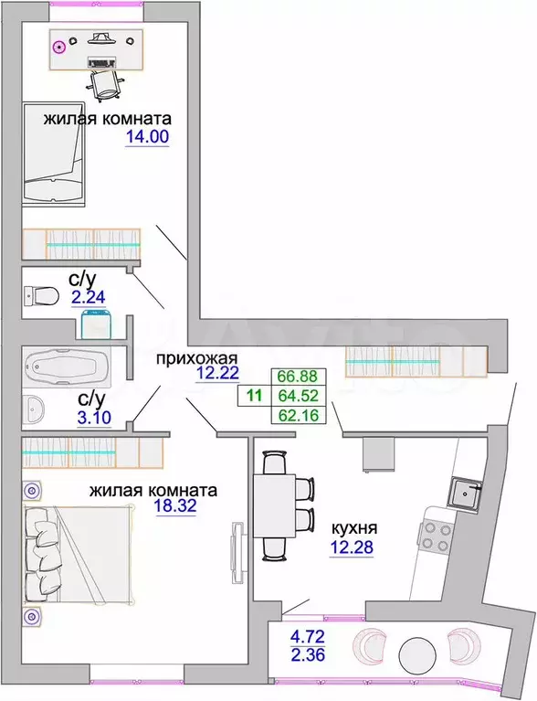 2-к. квартира, 65 м, 4/9 эт. - Фото 1