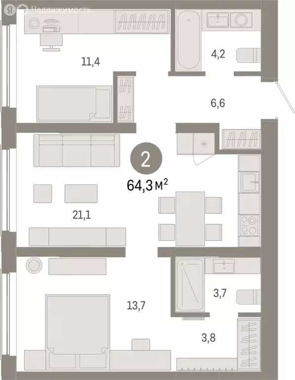 2-комнатная квартира: Новосибирск, Большевистская улица, с49 (64.33 м) - Фото 0