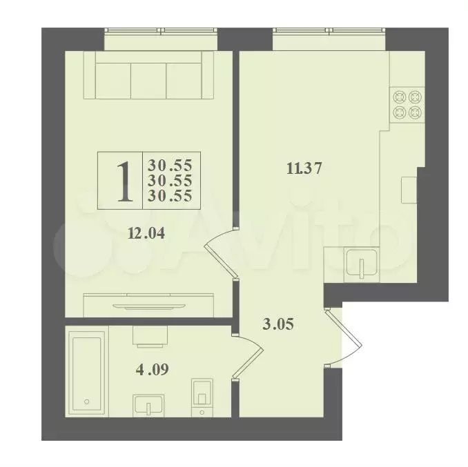 1-к. квартира, 30,6 м, 1/4 эт. - Фото 1