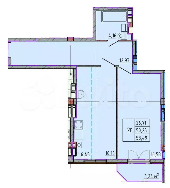 1-к. квартира, 53,4 м, 4/5 эт. - Фото 0