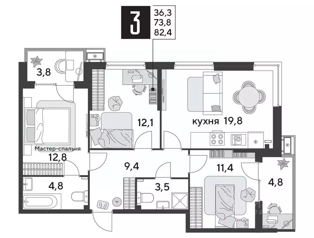 3-к кв. Краснодарский край, Краснодар Парк Победы мкр,  (83.0 м) - Фото 1