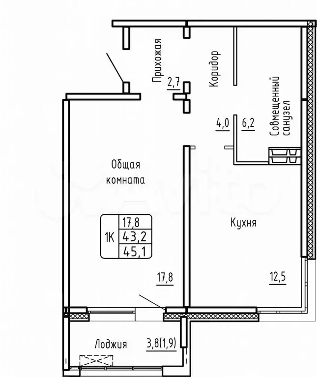 1-к. квартира, 45,1 м, 7/17 эт. - Фото 0