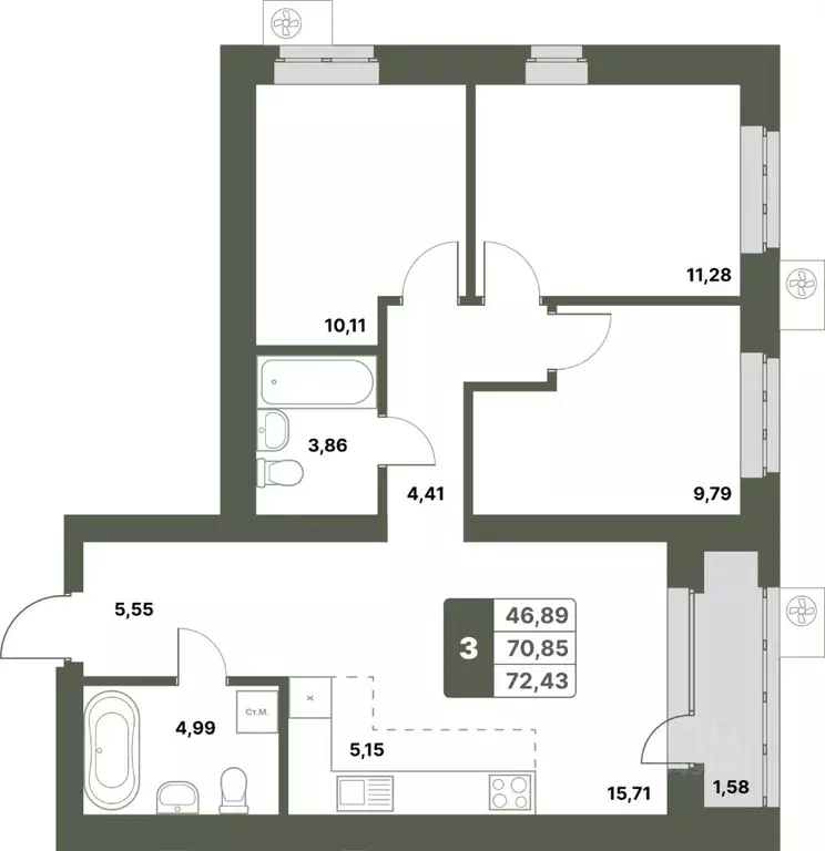 3-к кв. Башкортостан, Уфимский район, с. Миловка  (72.43 м) - Фото 0