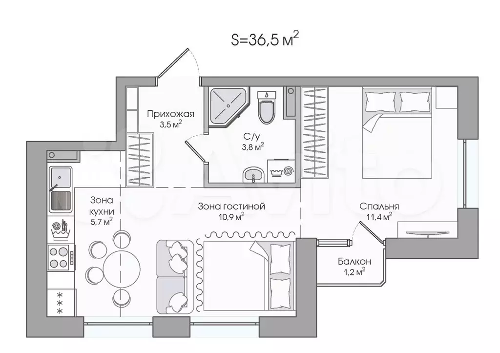 2-к. квартира, 36,5 м, 3/3 эт. - Фото 0