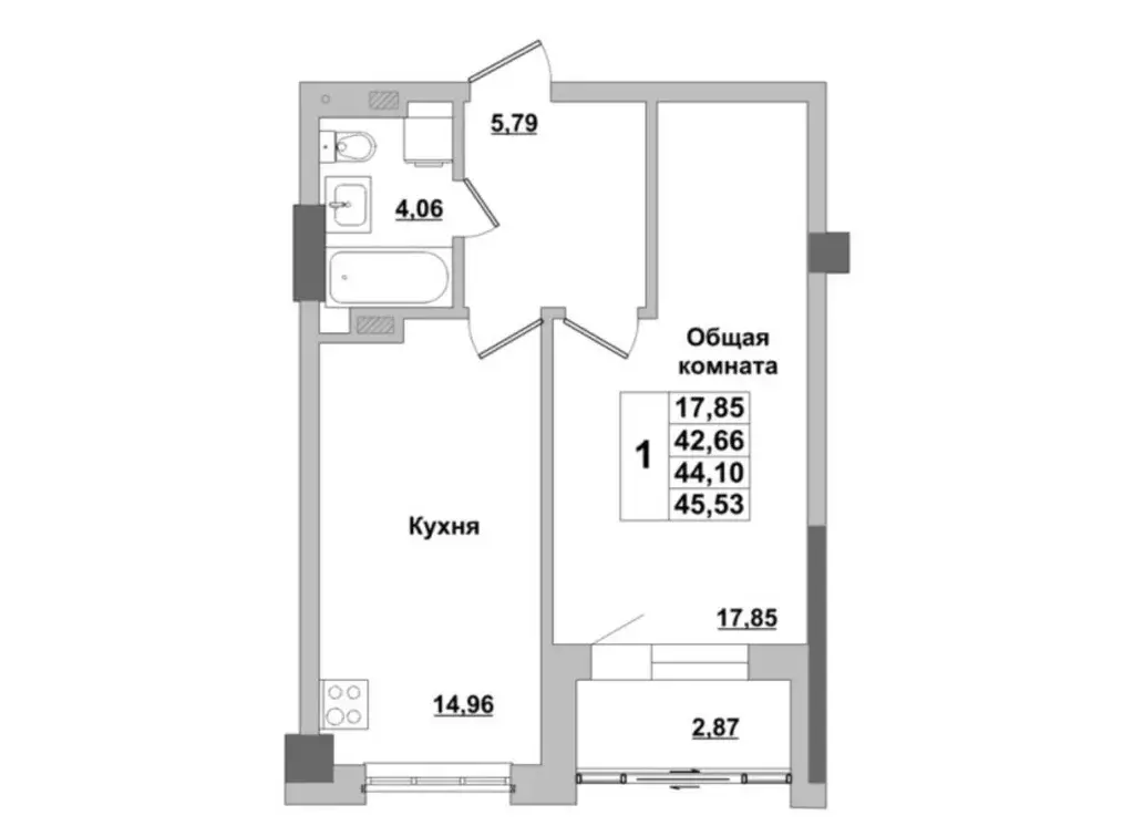 Квартира, 1 комната, 44.1 м - Фото 1