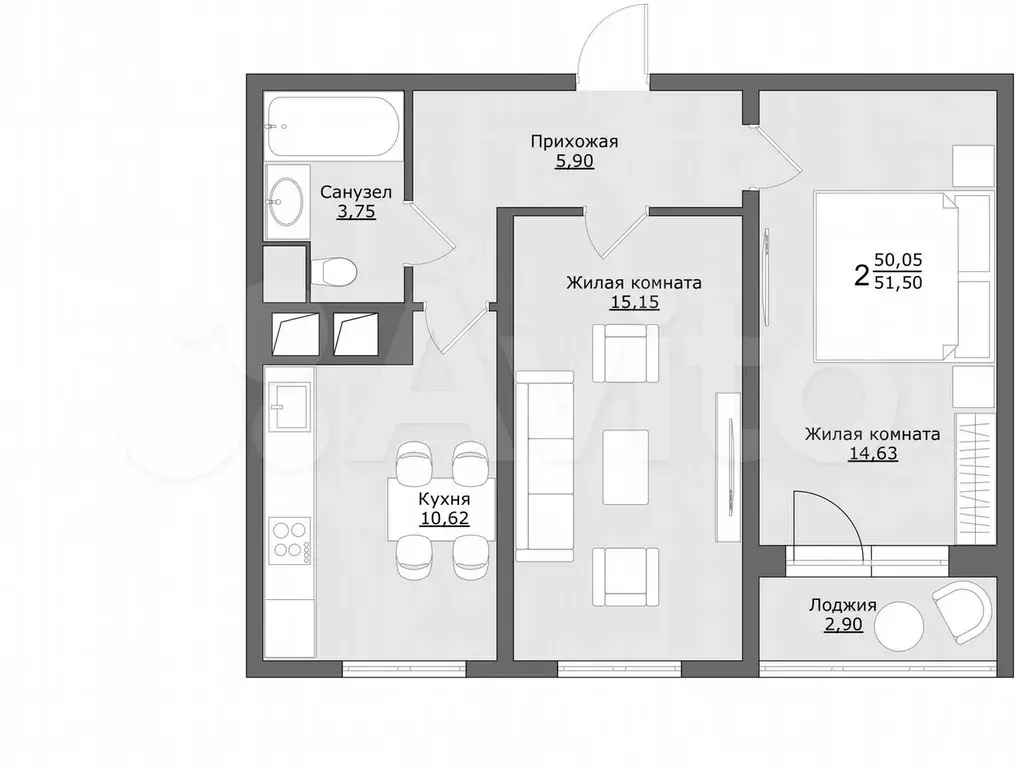 2-к. квартира, 51,5 м, 7/9 эт. - Фото 0