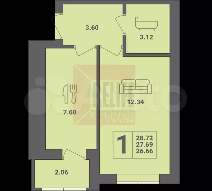 1-к. квартира, 27,7 м, 1/6 эт. - Фото 0