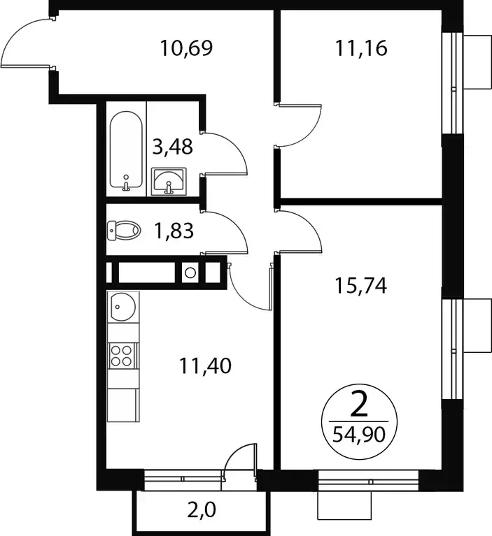 2-к квартира, 54.9 м - Фото 0