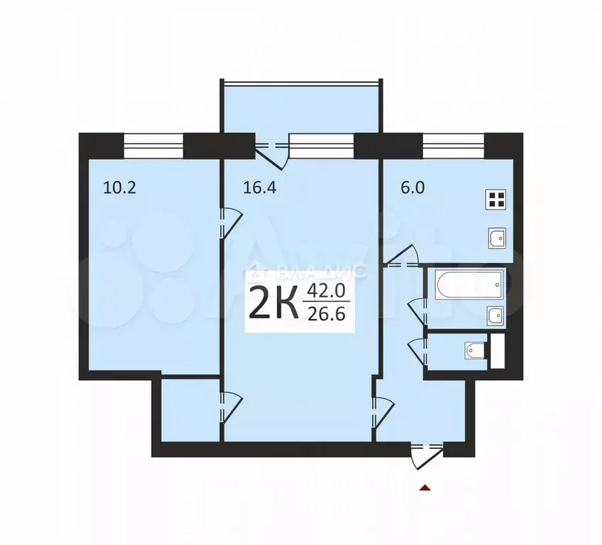 2-к. квартира, 42 м, 2/4 эт. - Фото 0