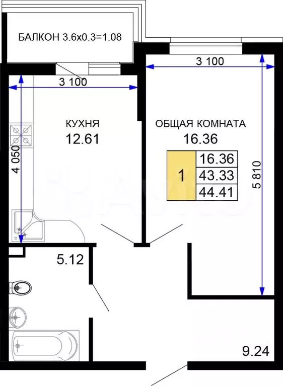 1-к. квартира, 45,9 м, 4/15 эт. - Фото 0