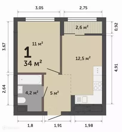 Продаётся 1-к квартира, 34 м - Фото 0