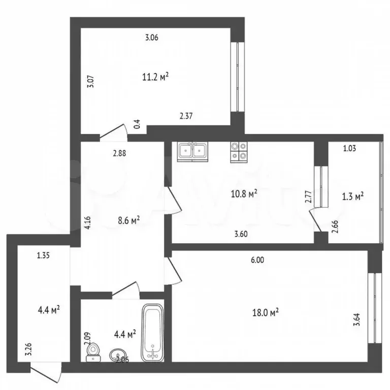 2-к. квартира, 58 м, 3/3 эт. - Фото 0
