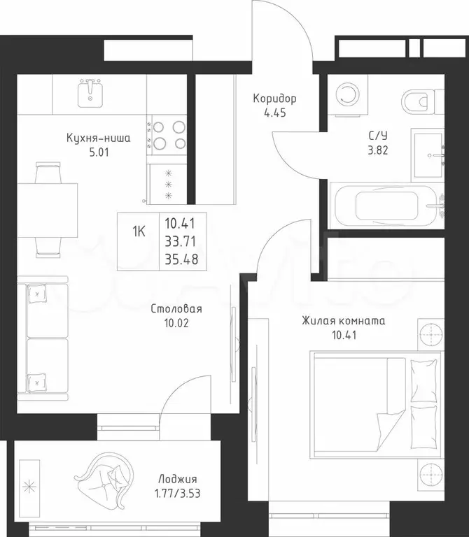 1-к. квартира, 35,5 м, 2/23 эт. - Фото 0