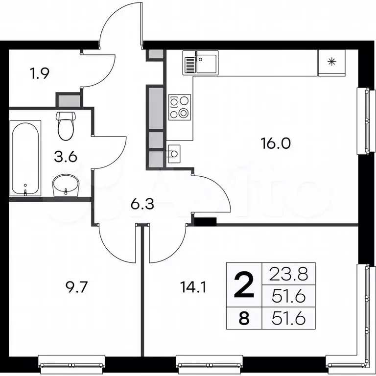 2-к. квартира, 51,6 м, 1/4 эт. - Фото 0