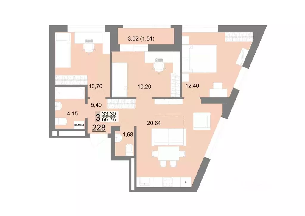 3-к кв. Свердловская область, Екатеринбург Широкая Речка мкр,  (66.76 ... - Фото 0