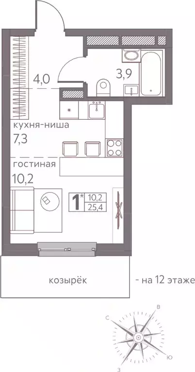 Студия Пермский край, Пермь ул. Серебристая, 3 (25.4 м) - Фото 1