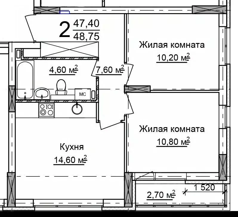 2-к кв. Нижегородская область, Нижний Новгород 52-й кв-л,  (48.75 м) - Фото 0