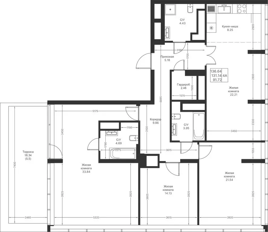 4-комнатная квартира: Казань, ЖК Мой Ритм (136.64 м) - Фото 1