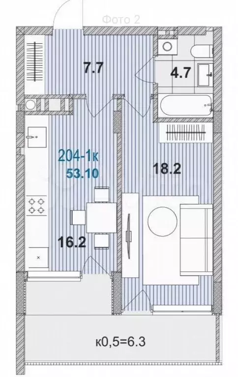 1-к. квартира, 53,1 м, 3/6 эт. - Фото 0