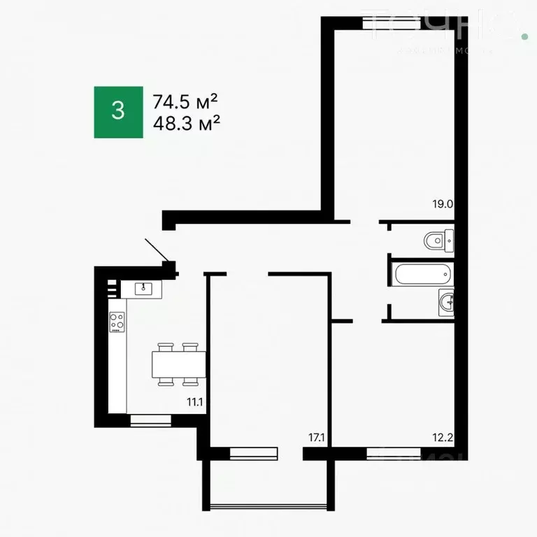 3-к кв. Пензенская область, Пенза Российская ул., 47 (74.5 м) - Фото 2