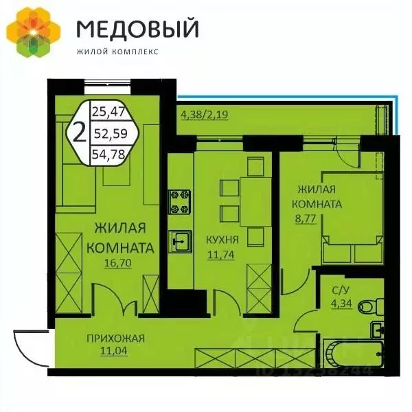 2-к кв. Пермский край, д. Кондратово ул. Н.М. Яблокова, 2 (54.78 м) - Фото 0