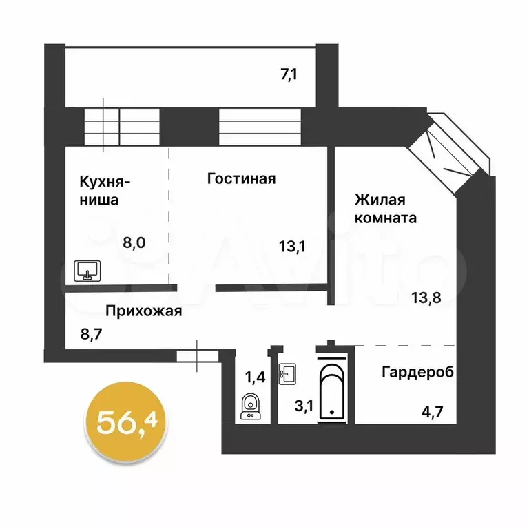 2-к. квартира, 56,4 м, 6/12 эт. - Фото 0