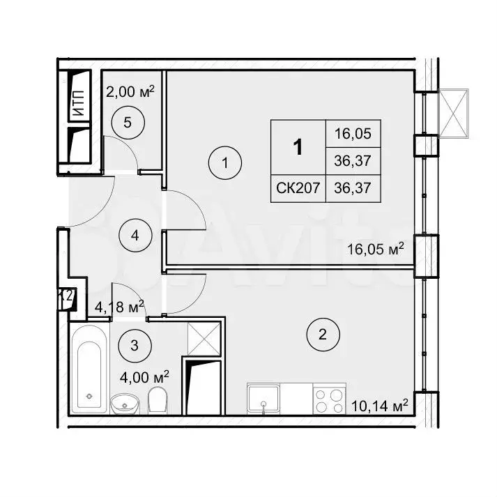 Квартира-студия, 36,4 м, 2/12 эт. - Фото 0