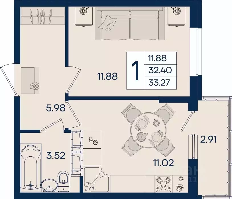 1-к кв. Краснодарский край, Краснодар  (33.27 м) - Фото 0