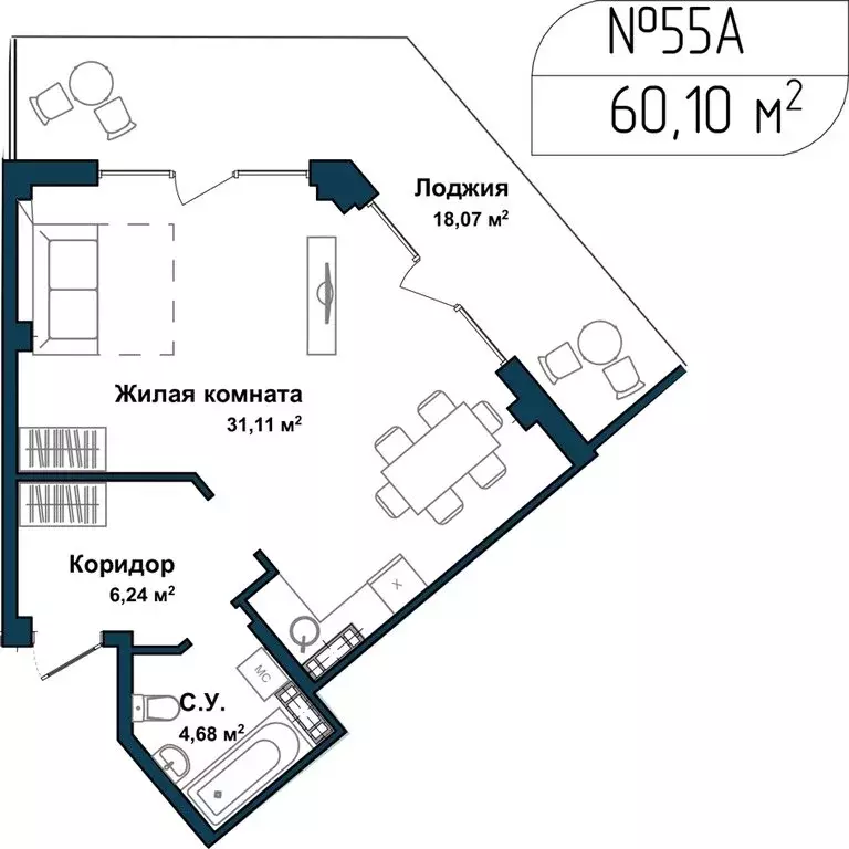 Квартира-студия: Севастополь, улица Лётчиков, 10к4 (60.4 м) - Фото 1