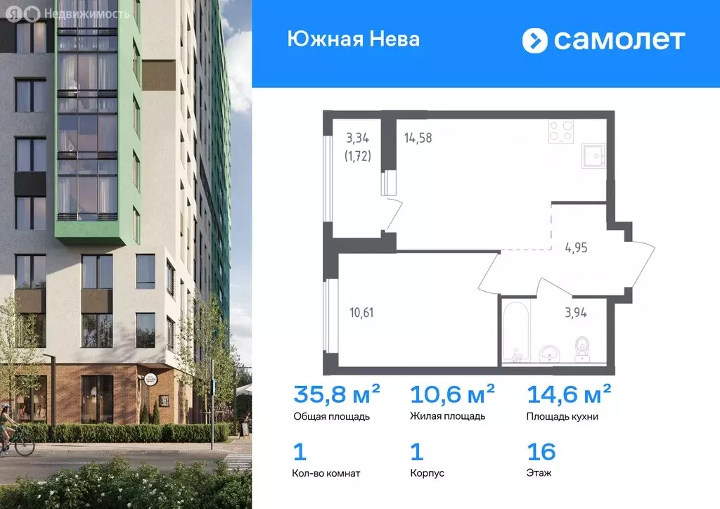 1-комнатная квартира: Новосаратовка, жилой комплекс Южная Нева (38.14 ... - Фото 0