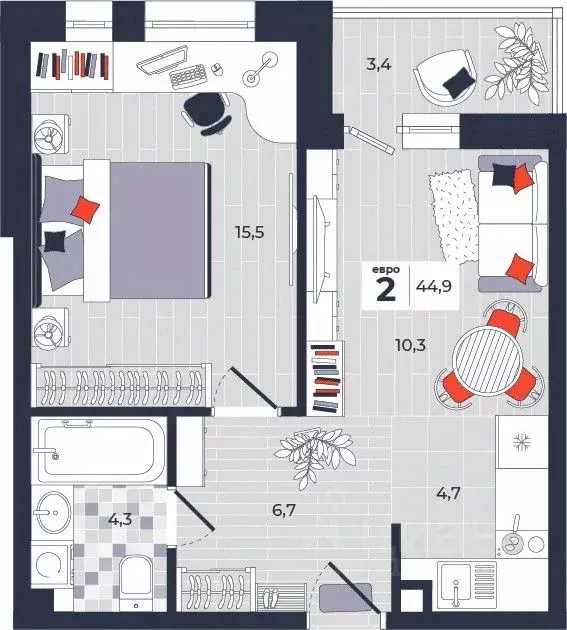 2-к кв. Тульская область, Тула ул. Академика Насоновой, 1А (44.9 м) - Фото 1