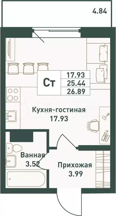 Квартира-студия, 26,9 м, 3/16 эт. - Фото 0