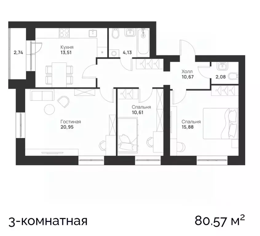 3-к кв. Тульская область, Тула Новая Тула мкр,  (80.57 м) - Фото 1