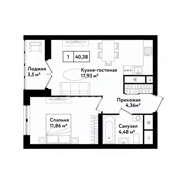 1-к кв. Тульская область, Тула ул. Седова, 26к1 (40.0 м) - Фото 1