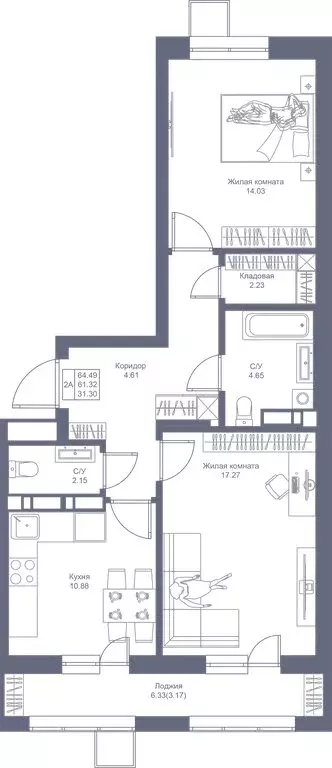 2-комнатная квартира: Казань, ЖК Мой Ритм (64.49 м) - Фото 0