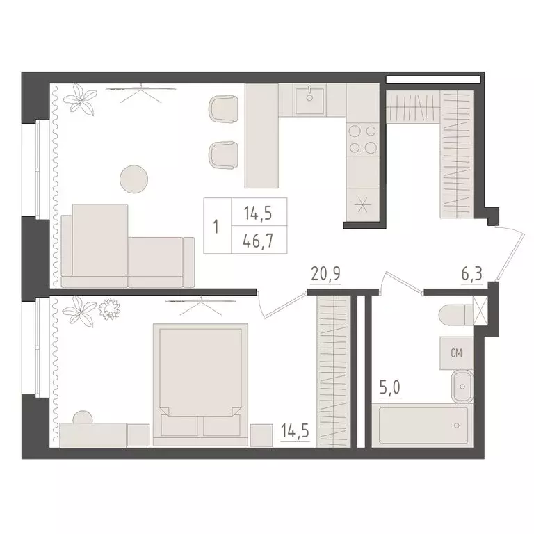 1-комнатная квартира: Уфа, ЖК Новый Империал, лит3/1 (46.7 м) - Фото 2