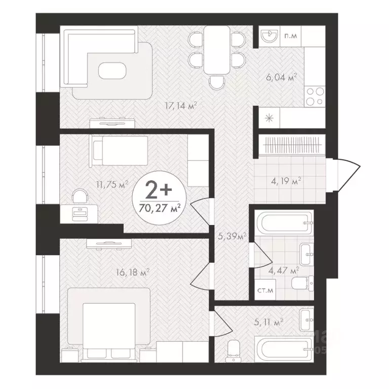 2-к кв. Башкортостан, Уфа Южный-2 мкр,  (70.27 м) - Фото 0