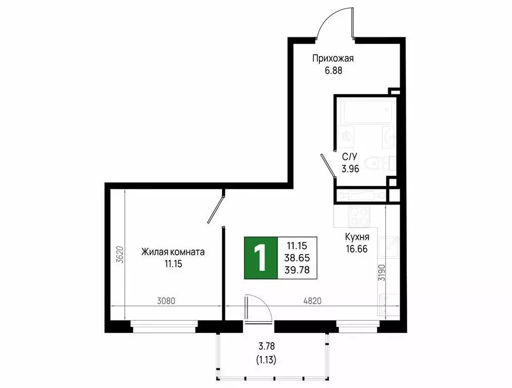 1-комнатная квартира: деревня Новосаратовка, ЖК Имена (39.78 м) - Фото 1