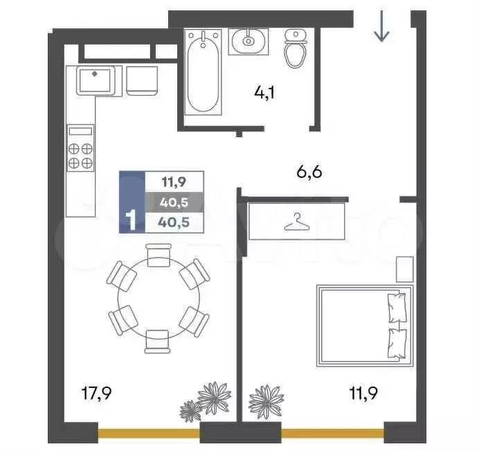 1-к. квартира, 40,5 м, 1/4 эт. - Фото 1