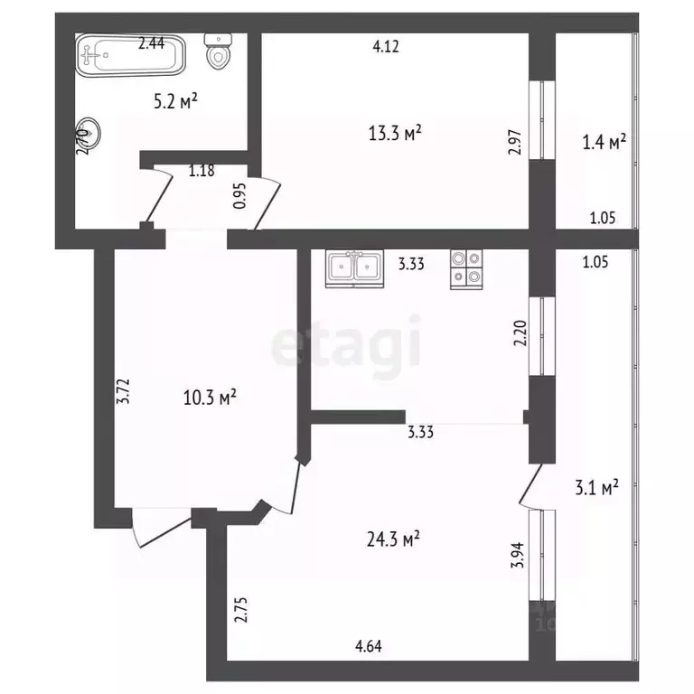 2-к кв. Башкортостан, Стерлитамак ул. Богдана Хмельницкого, 44 (52.1 ... - Фото 2