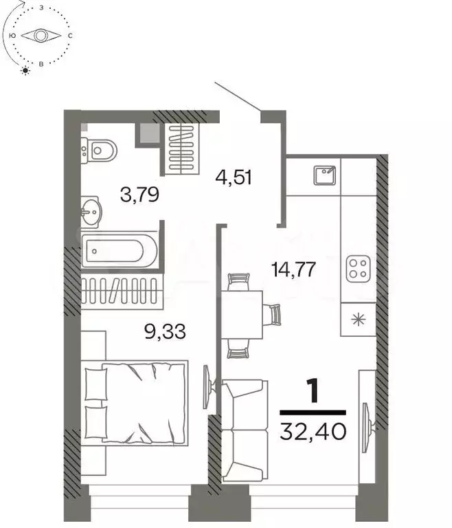 1-к. квартира, 32,4 м, 14/26 эт. - Фото 1